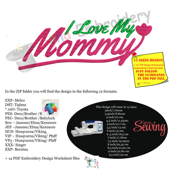 I Love my Mommy Embroidery Design- Mother's Day Embroidery-Love Mom Machine Embroidery Patterns-Instant Download-PES