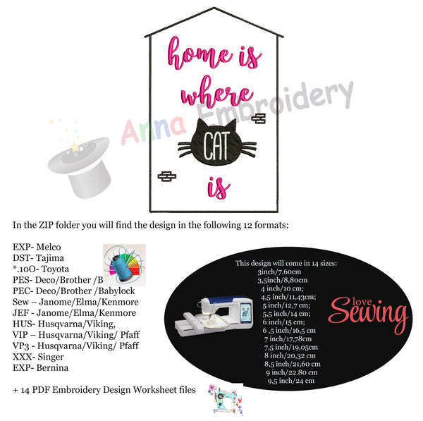 Cat Embroidery Design-Quotes Embroidery-Home is Where Cat is Embroidery Design-Embroidery Patterns-Instant Download-PES