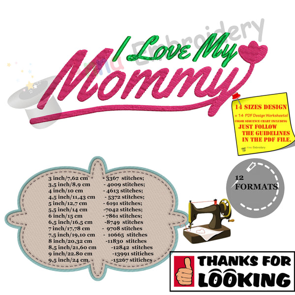 I Love my Mommy Embroidery Design- Mother's Day Embroidery-Love Mom Machine Embroidery Patterns-Instant Download-PES