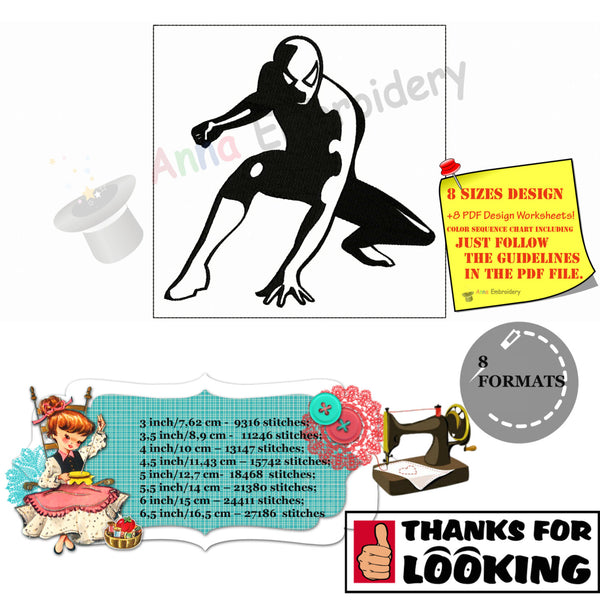 Black silhouette machine embroidery,superhero design, machine patterns,8 sizes design, 8 formats