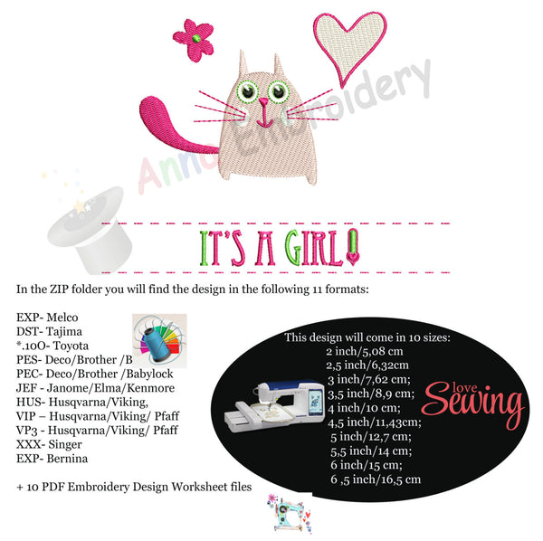 Baby Girl Machine Embroidery-Cute Kitty Design-Newborn Pattern-PES