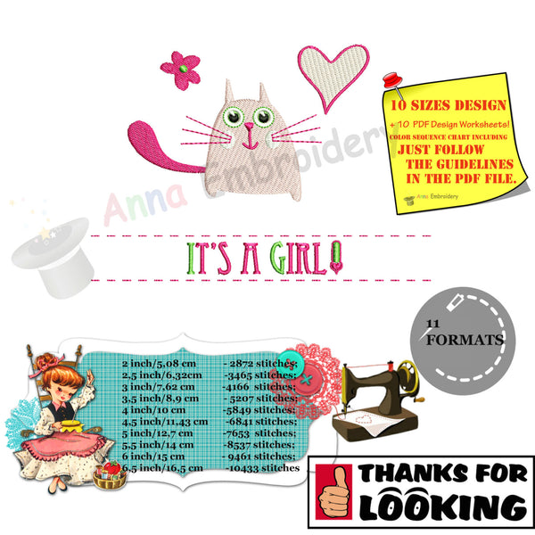 Baby Girl Machine Embroidery-Cute Kitty Design-Newborn Pattern-PES