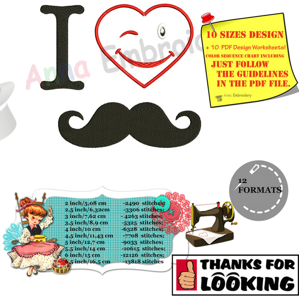 I love Dad, I Love Mustache Embroidery Design, Father's Day, Instant Download ,PES