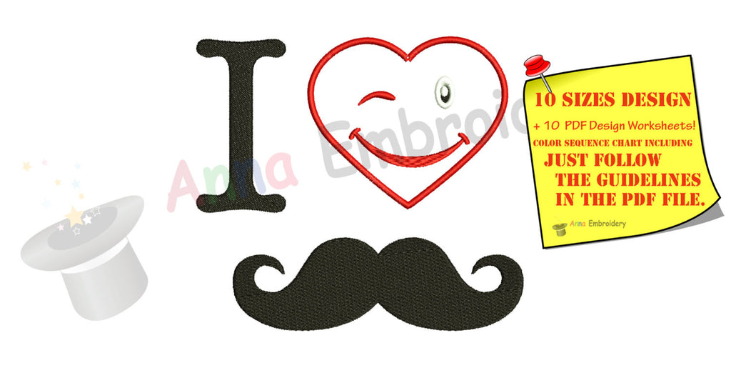 I love Dad, I Love Mustache Embroidery Design, Father's Day, Instant Download ,PES