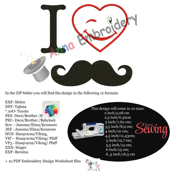 I love Dad, I Love Mustache Embroidery Design, Father's Day, Instant Download ,PES