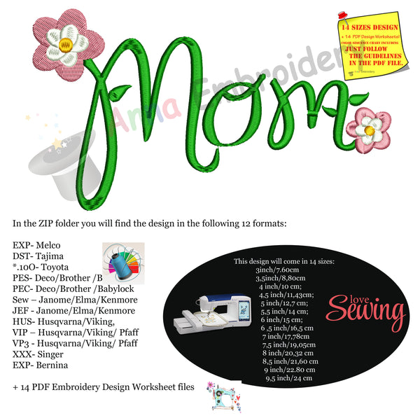 Mother Mom Flowers Embroidery Design- Mother's Day Embroidery-Machine Embroidery Patterns-Instant Download-PES