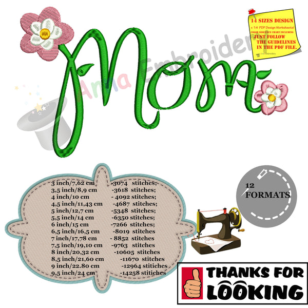 Mother Mom Flowers Embroidery Design- Mother's Day Embroidery-Machine Embroidery Patterns-Instant Download-PES