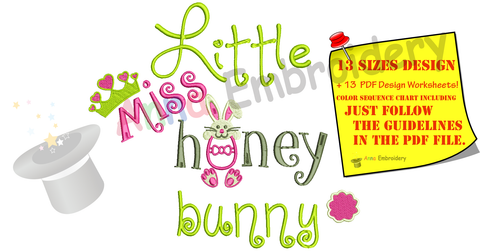 Easter Bunny Embroidery Design-Little Miss Honey Bunny Embroidery-Kids Embroidery- -Machine Embroidery Patterns-Instant Download-PES