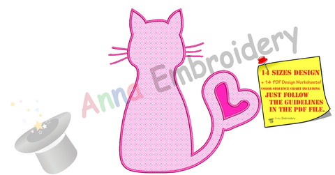 Cat Applique Design, Kitty Love Applique Design, Cat Silhouette Applique Design-Machine Applique Embroidery Patterns-Instant Download-PES