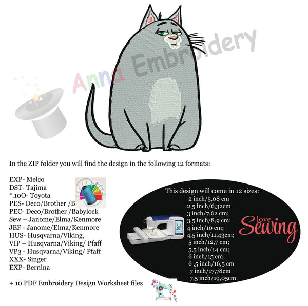 Chloe Cat-Fat Cat Embroidery Design-Machine Embroidery-Instant Download-Filled Stitch