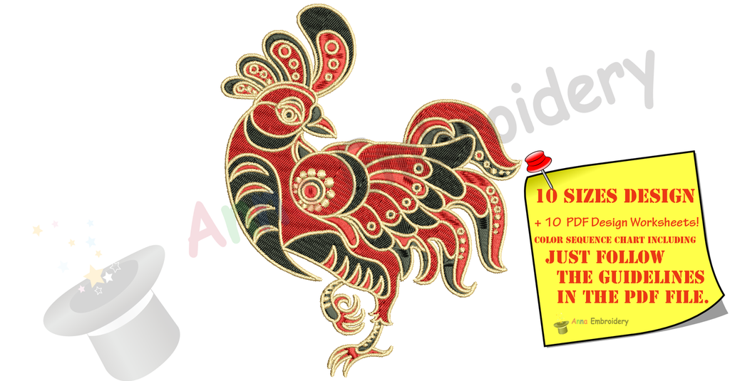 Rooster Embroidery Design-Chicken-Farm Bird-Machine Patterns-Instant Download