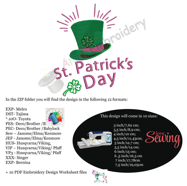 St. Patrick's Day Embroidery Design-Hat-Lucky-Machine Patterns-Instant Download