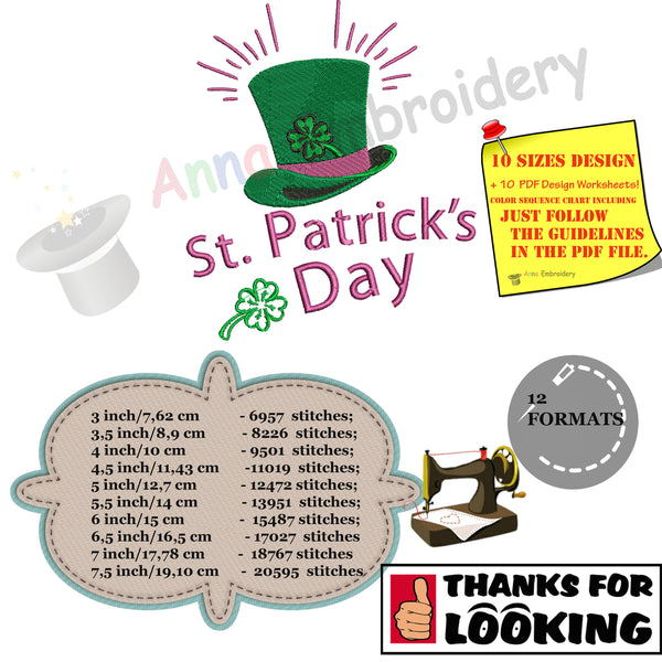 St. Patrick's Day Embroidery Design-Hat-Lucky-Machine Patterns-Instant Download