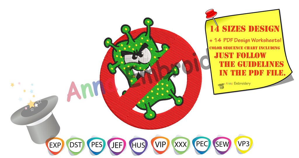No Virus Embroidery Design, Virus Panic design, Stop Panic Design, Don't Panic Machine Embroidery Pattern, Embroidery Patterns-Instant Download, 14 sizes