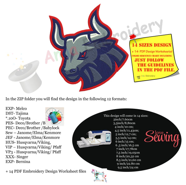 Bull Embroidery Design-Bull Head-Machine Embroidery Patterns-Instant Download-PES