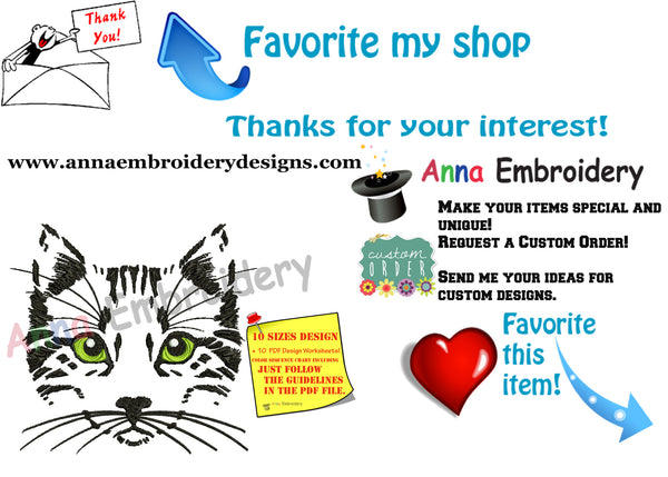 Cat with Green Eyes Embroidery Design-Black Cat sketch - Machine Embroidery Patterns-Instant Download-PES