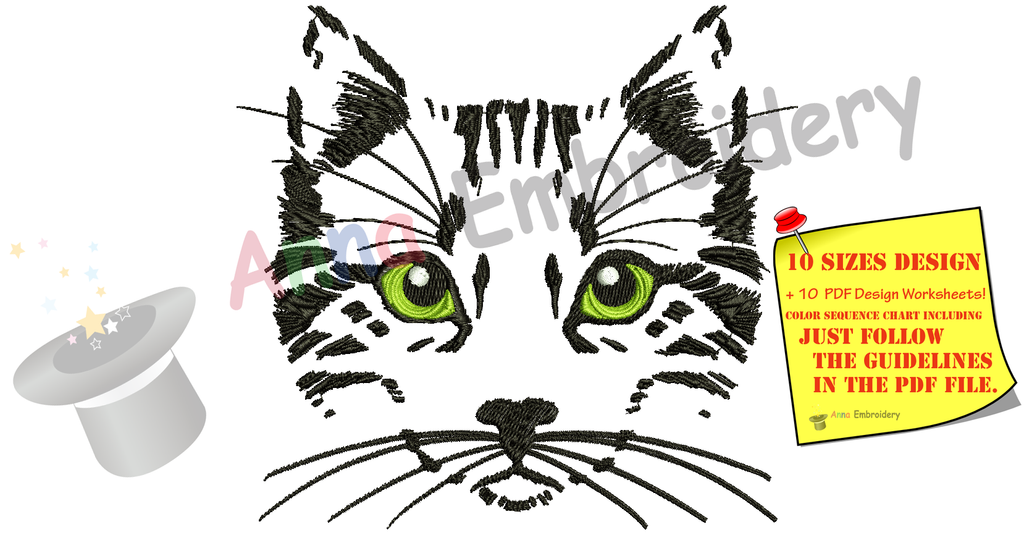 Cat with Green Eyes Embroidery Design-Black Cat sketch - Machine Embroidery Patterns-Instant Download-PES
