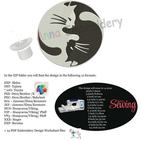 Cat Embroidery Design-Yin Yang cats Embroidery-Animals Embroidery Design-Symbols Embroidery-Embroidery Patterns-Instant Download-PES