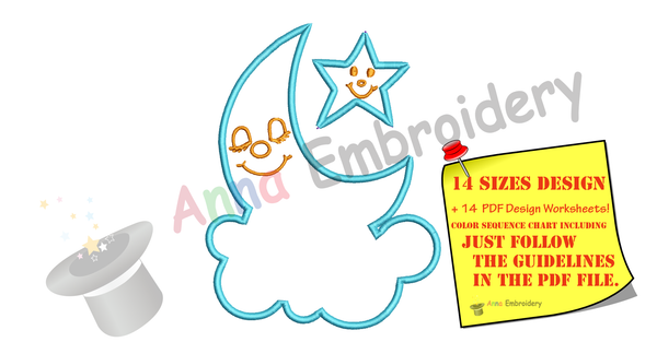 Moon Applique Design-Cloud Applique -Star Applique -Machine Applique Embroidery Patterns-Instant Download-PES