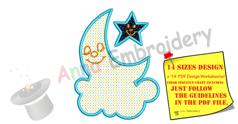 Moon Applique Design-Cloud Applique -Star Applique -Machine Applique Embroidery Patterns-Instant Download-PES