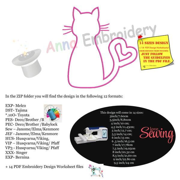 Cat Applique Design, Kitty Love Applique Design, Cat Silhouette Applique Design-Machine Applique Embroidery Patterns-Instant Download-PES