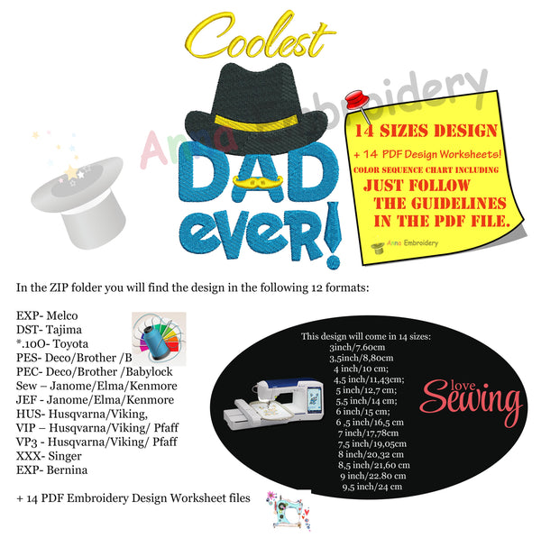 Dad Embroidery Design-Cooolest Dad Ever- Father s Day Machine Embroidery Patterns-Instant Download-PES