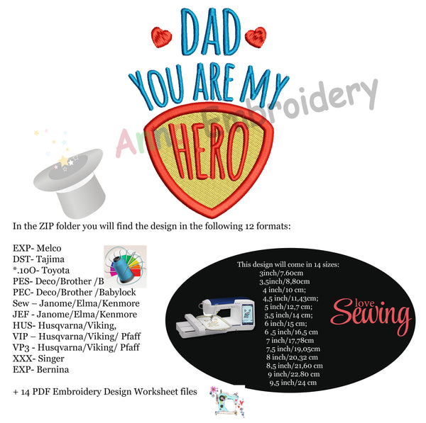 Dad you are my Hero Embroidery Design-Best Dad- Superhero Machine Embroidery Patterns-Instant Download-PES