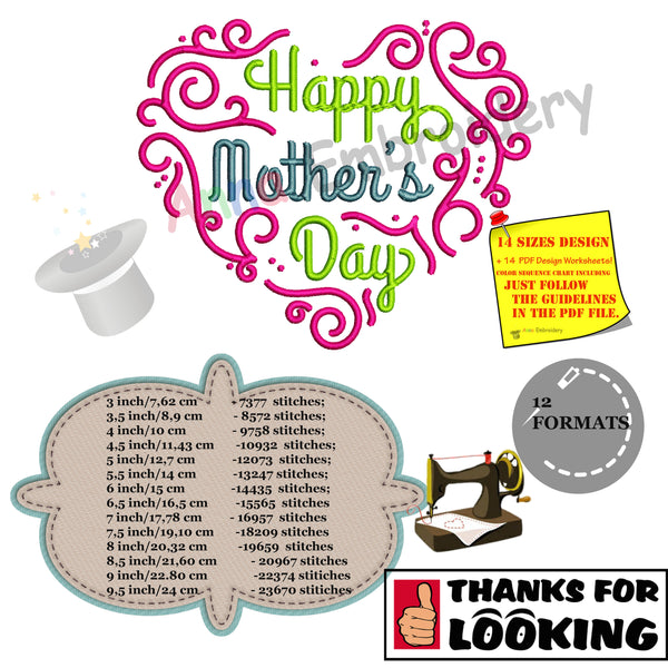 Happy Mother's Day Embroidery Design- Mom Embroidery-Heart Embroidery-Machine Embroidery Patterns-Instant Download-PES