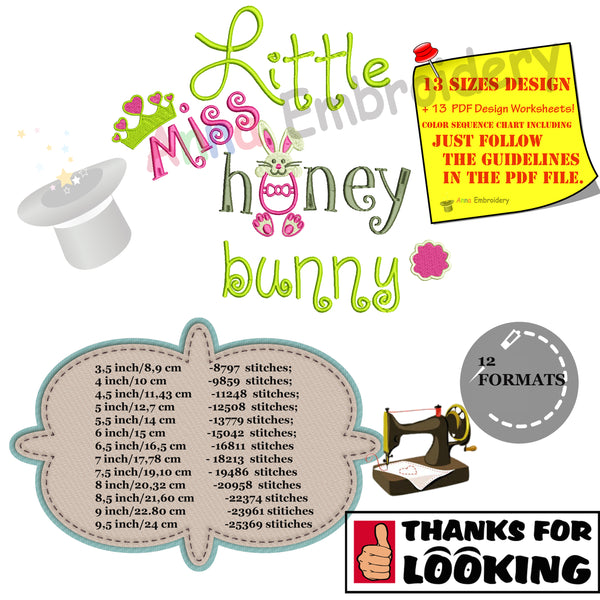 Easter Bunny Embroidery Design-Little Miss Honey Bunny Embroidery-Kids Embroidery- -Machine Embroidery Patterns-Instant Download-PES