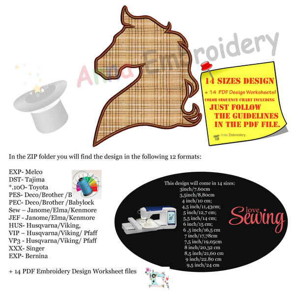 Horse Head Applique Design-Machine Applique Embroidery Patterns-Instant Download-PES