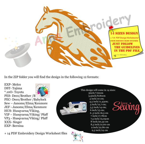Horse Embroidery Design- Flames Horse Embroidery- Tribal Embroidery -Machine Embroidery Patterns-Instant Download-PES