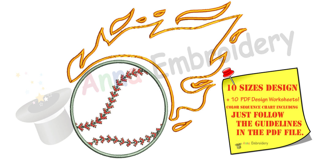 Baseball Embroidery Design, Fireball Embroidery,Sports Embroidery,Baseball, Ball Applique