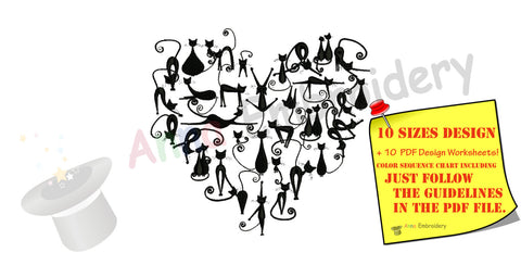 Black Cats Heart Embroidery Design, Valentine Cats Machine Pattern