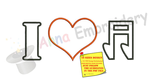 I Love Music Heart Embroidery Design