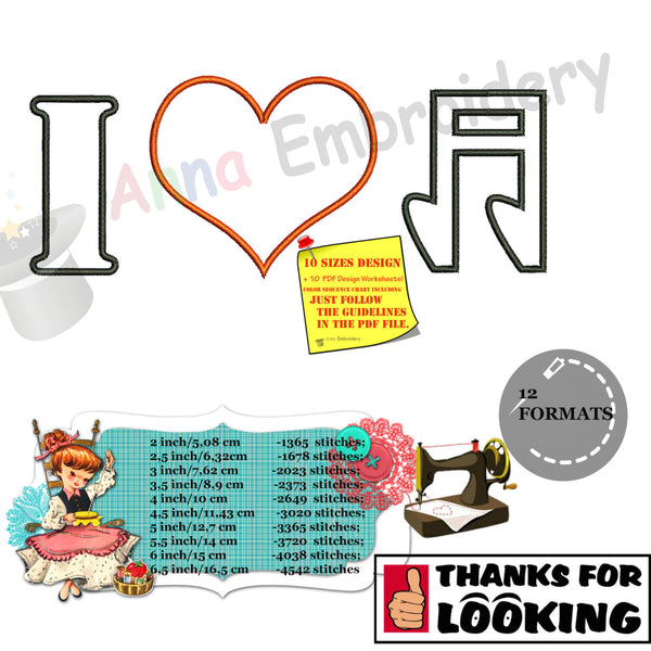 I Love Music Heart Embroidery Design