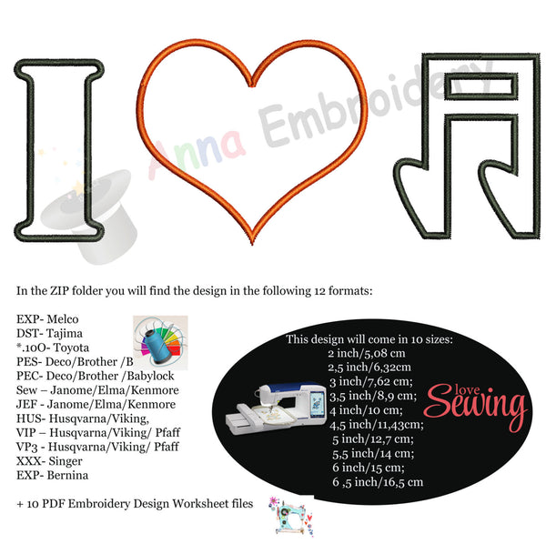 I Love Music Heart Embroidery Design
