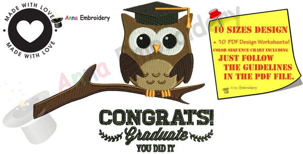Graduation OWL Embroidery Design, Cap Embroidery Pattern,Diploma Owl, Instant Download