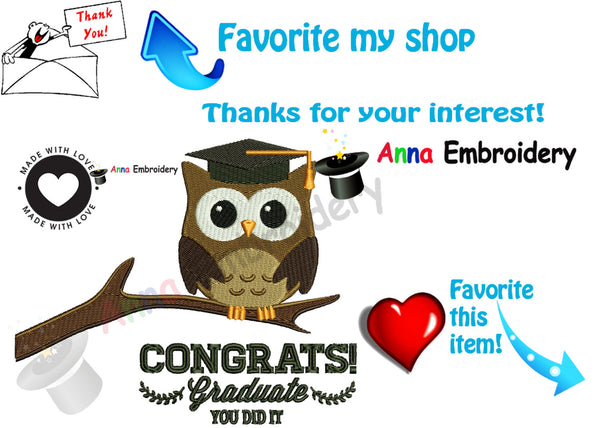 Graduation OWL Embroidery Design, Cap Embroidery Pattern,Diploma Owl, Instant Download