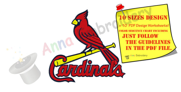 Cardinal Machine Embroidery Design-Sport embroidery-cardinal bird embroidery- 10 SIZES- 12 formats-INSTANT DOWNLOAD