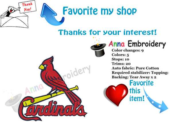 Cardinal Machine Embroidery Design-Sport embroidery-cardinal bird embroidery- 10 SIZES- 12 formats-INSTANT DOWNLOAD