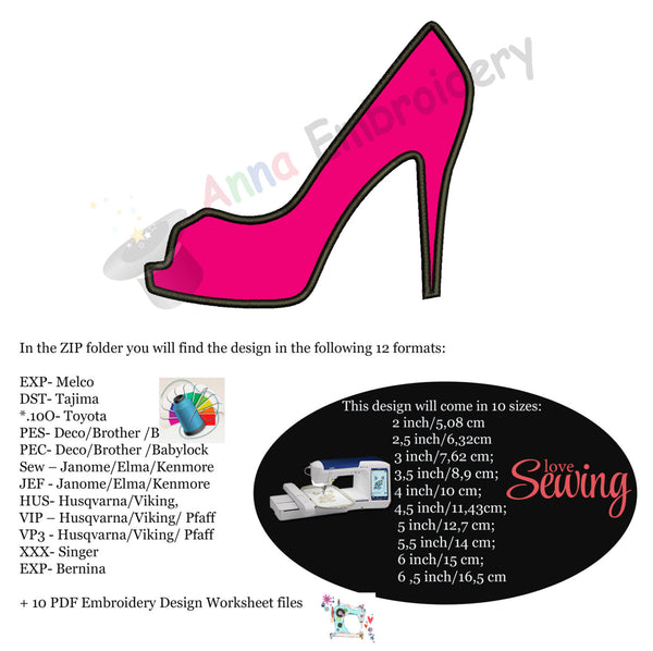 Princess Shoe Applique Design,Princess Slipper Machine Embroidery Design, High Heel Shoe Silhouette Cinderella