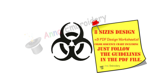 Biohazard Symbol Machine Embroidery Design,Biological danger symbol,filled stitch,machine patterns,8 sizes,8 formats