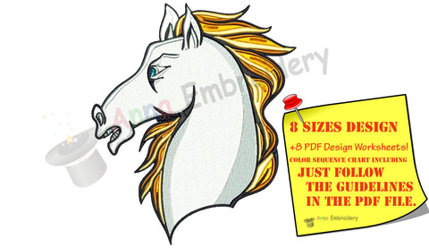 Horse machine embroidery design,white horse embroidery,machine embroidery, machine patterns,8 sizes design, INSTANT DOWNLOAD