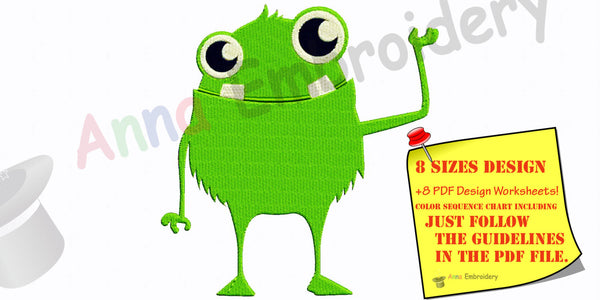 Green Monster Machine Embroidery Design,funny monster, machine embroidery, machine patterns,8 sizes design,8 formats