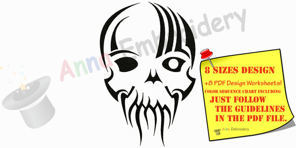 Skull Machine Embroidery Pattern,Filled stitch,skeleton embroidery, machine embroidery patterns,8 sizes design,INSTANT DOWNLOAD