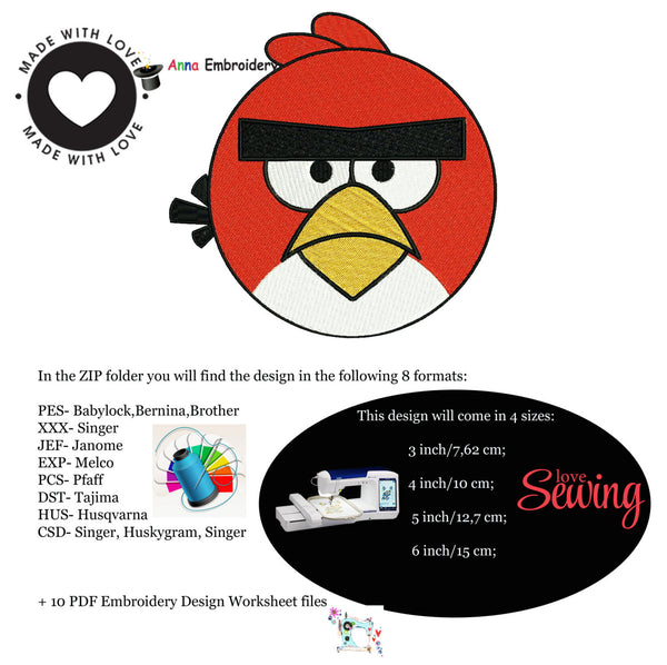 Red Bird  Machine Embroidery Designs,Embroidery For Kids Baby,games,filled stitch,machine patterns,INSTANT DOWNLOAD,4x4 5x7 6x10