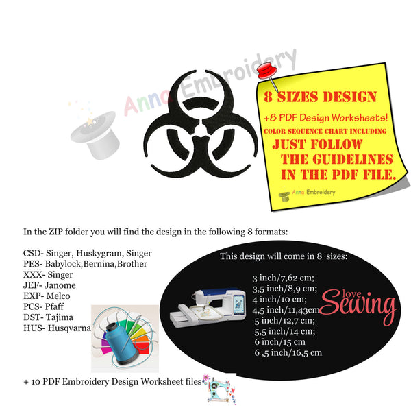 Biohazard Symbol Machine Embroidery Design,Biological danger symbol,filled stitch,machine patterns,8 sizes,8 formats