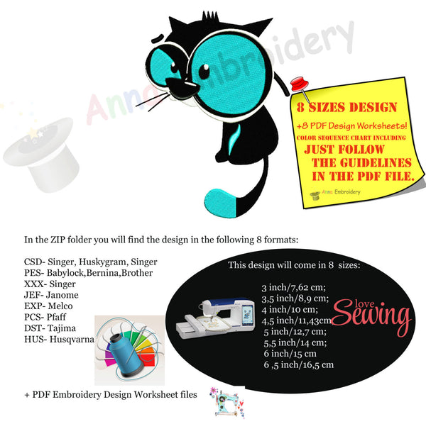 Cat embroidery, Machine embroidery design, blue cat, funny cat,kitty embroidery, animal embroidery, 8 sizes design, INSTANT DOWNLOAD