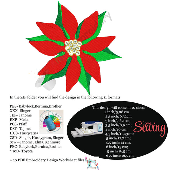 Christmas Flower Machine Embroidery Design, red flower embroidery,machine patterns,10  sizes,11 formats