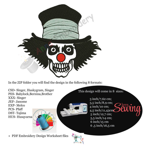 Skeleton Clown,skeleton embroidery, clown embroidery, skull embroidery,Machine embroidery design,8 sizes design, INSTANT DOWNLOAD